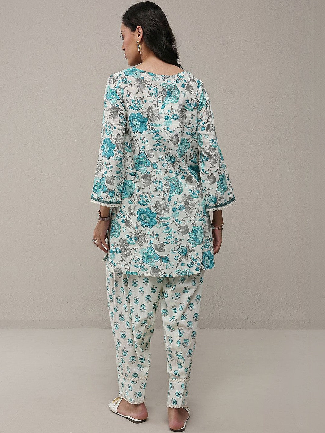 Blue Floral Printed Cotton Straight Kurta Set