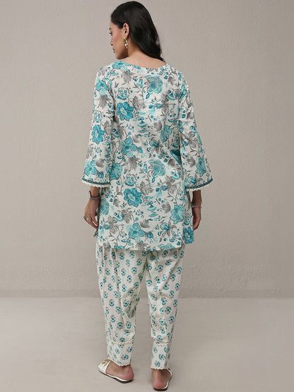 Blue Floral Printed Cotton Straight Kurta Set