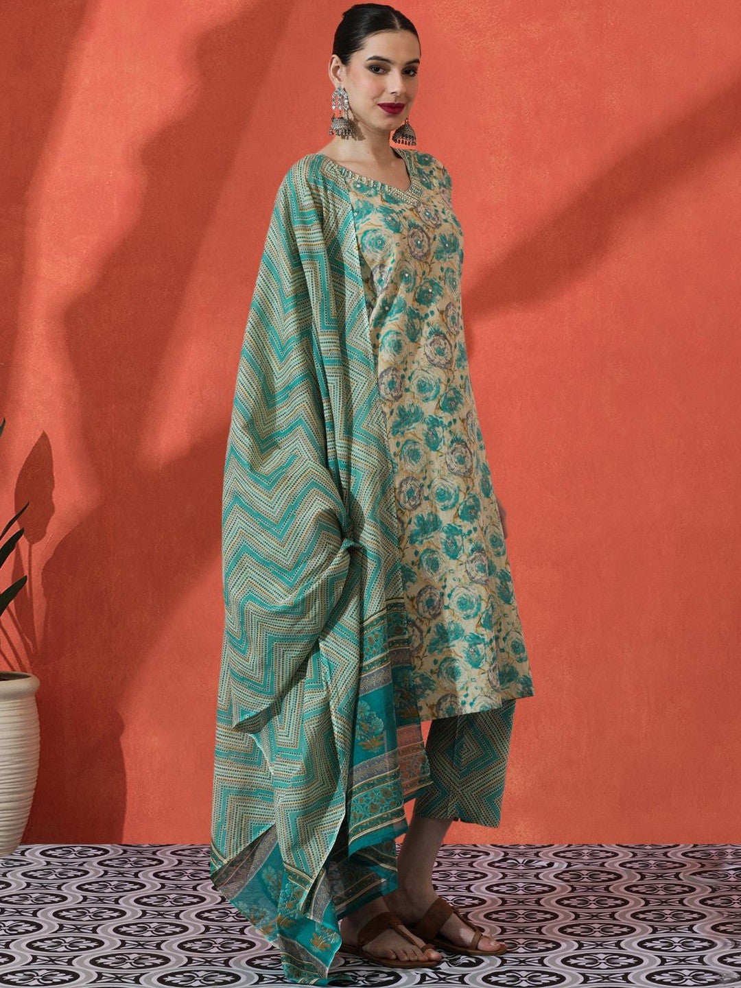 Embroidered Pure Cotton V-Neck Straight Kurta & Trousers With Dupatta