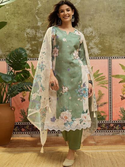 Women Floral Printed Regular Linen Kurta with Trousers & With Dupatta