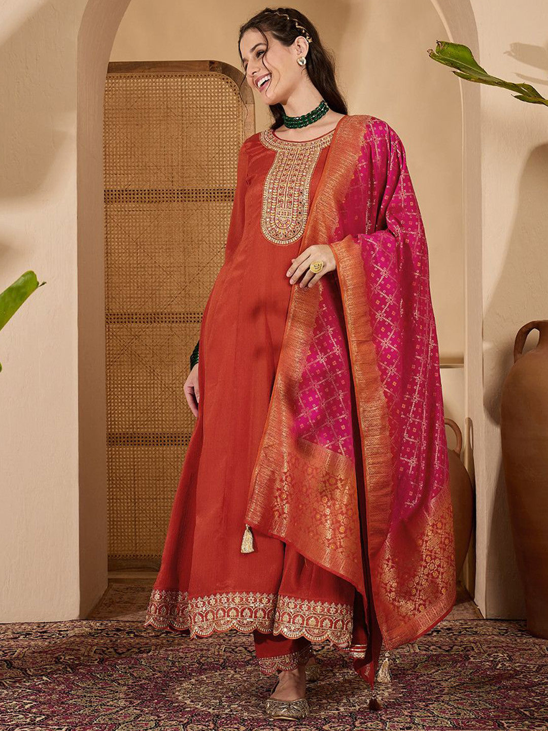 Dhiyona SN Floral Yoke Design Panelled Zari Anarkali Kurta With Trouser And Dupatta