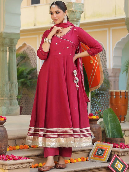 Dhiyona RR Women's Geometric Embroidered Anarkali Pure Cotton Kurta With Trousers & Dupatta