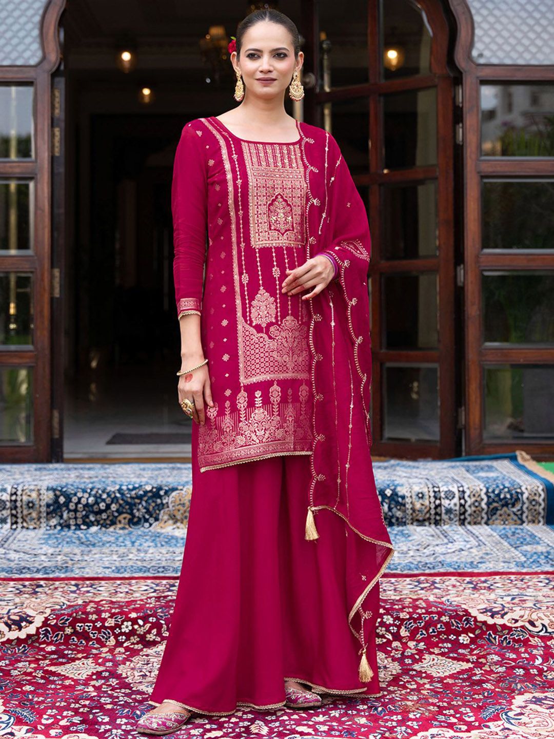 Dhiyona CH Women Jacquard Kurta with Plazzo and Embroidered Dupatta