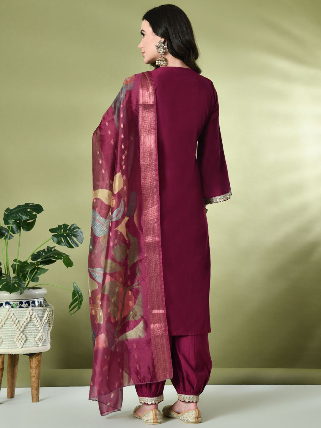 Magenta Flared Sleeves Thread Work Straight Kurta With Salwar & Dupatta