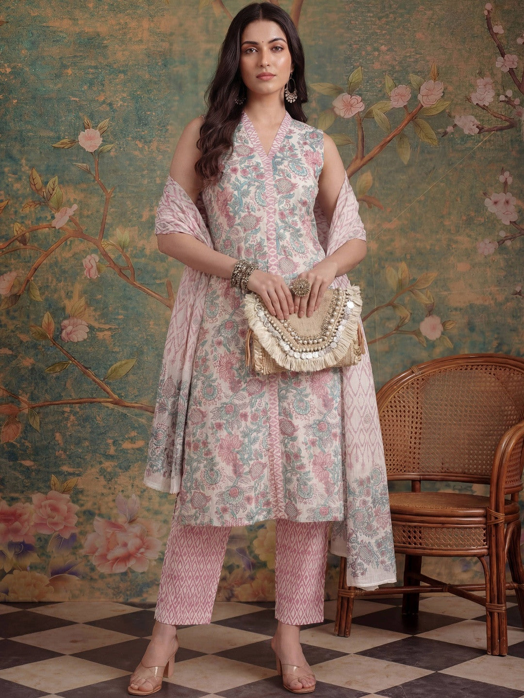 Printed Pure Cotton V-Neck Kurta & Trousers With Dupatta