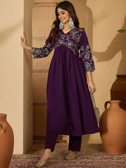 Floral Embroidered Empire Sequinned A-Line Kurta With Trouser