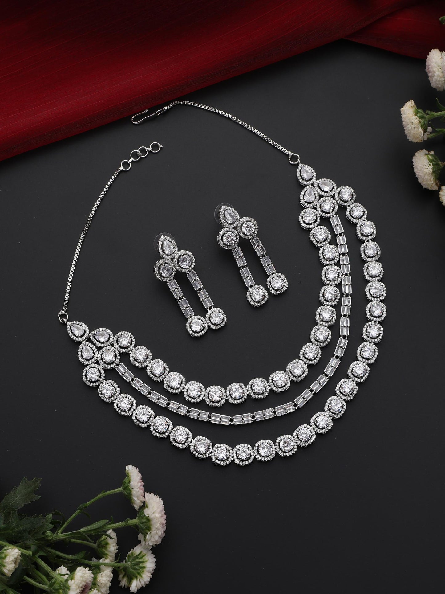 Dhiyona ST 3 Line White Diamond String Necklace and Earring Set