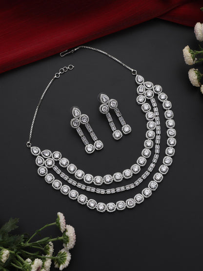 Dhiyona ST 3 Line White Diamond String Necklace and Earring Set