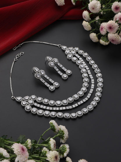 Dhiyona ST 3 Line White Diamond String Necklace and Earring Set