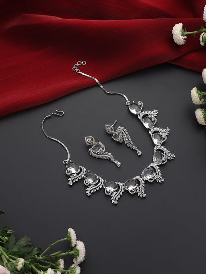 Dhiyona ST Luxury Silver Color American Diamond Premium Necklace & Earring Set