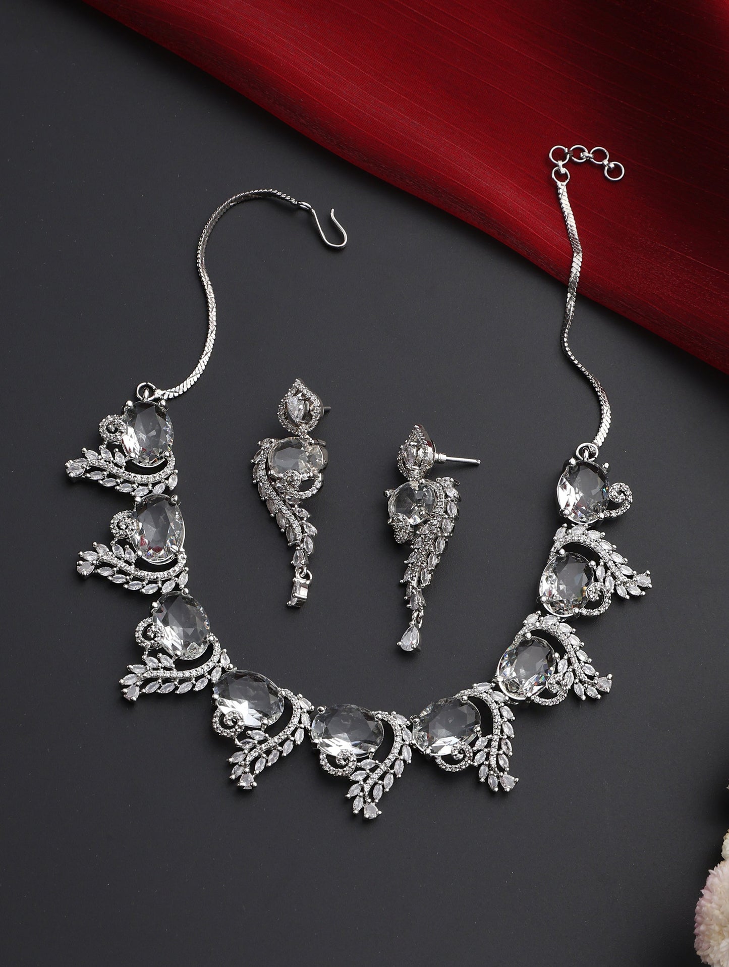 Dhiyona ST Luxury Silver Color American Diamond Premium Necklace & Earring Set