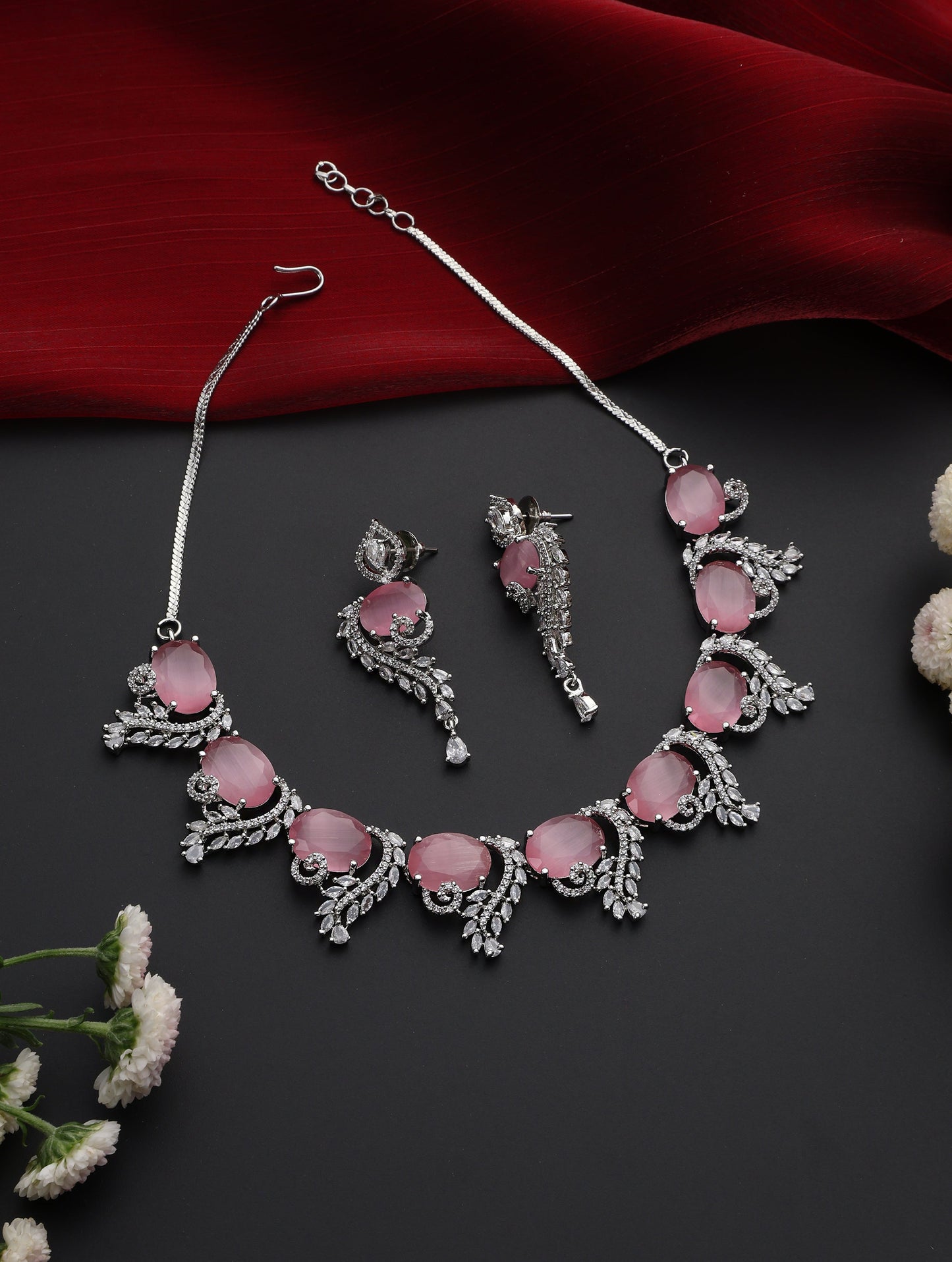 Dhiyona ST Luxury Pink Color American Diamond Premium Necklace & Earring Set