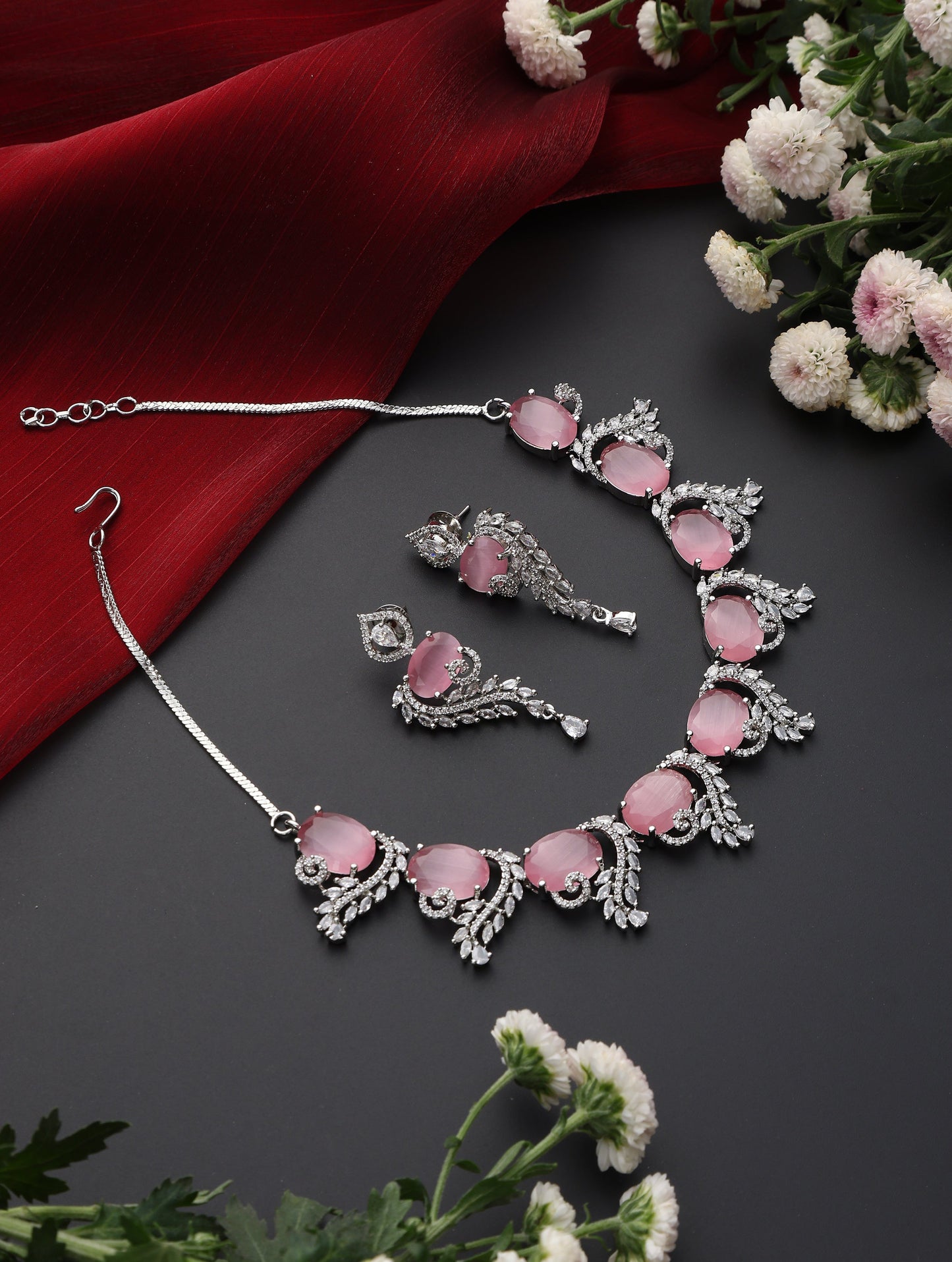 Dhiyona ST Luxury Pink Color American Diamond Premium Necklace & Earring Set