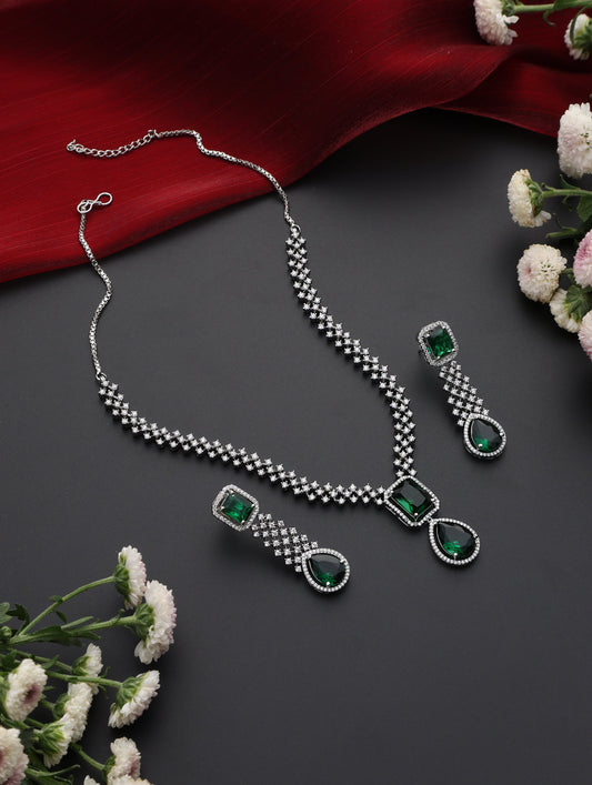 Dhiyona ST Emerald Green American Diamond Square Round Necklace & Earring Set