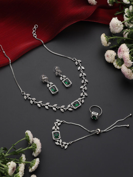 Dhiyona ST SET - Green Petal Diamond Necklace, Earring, Ring, Bracelet