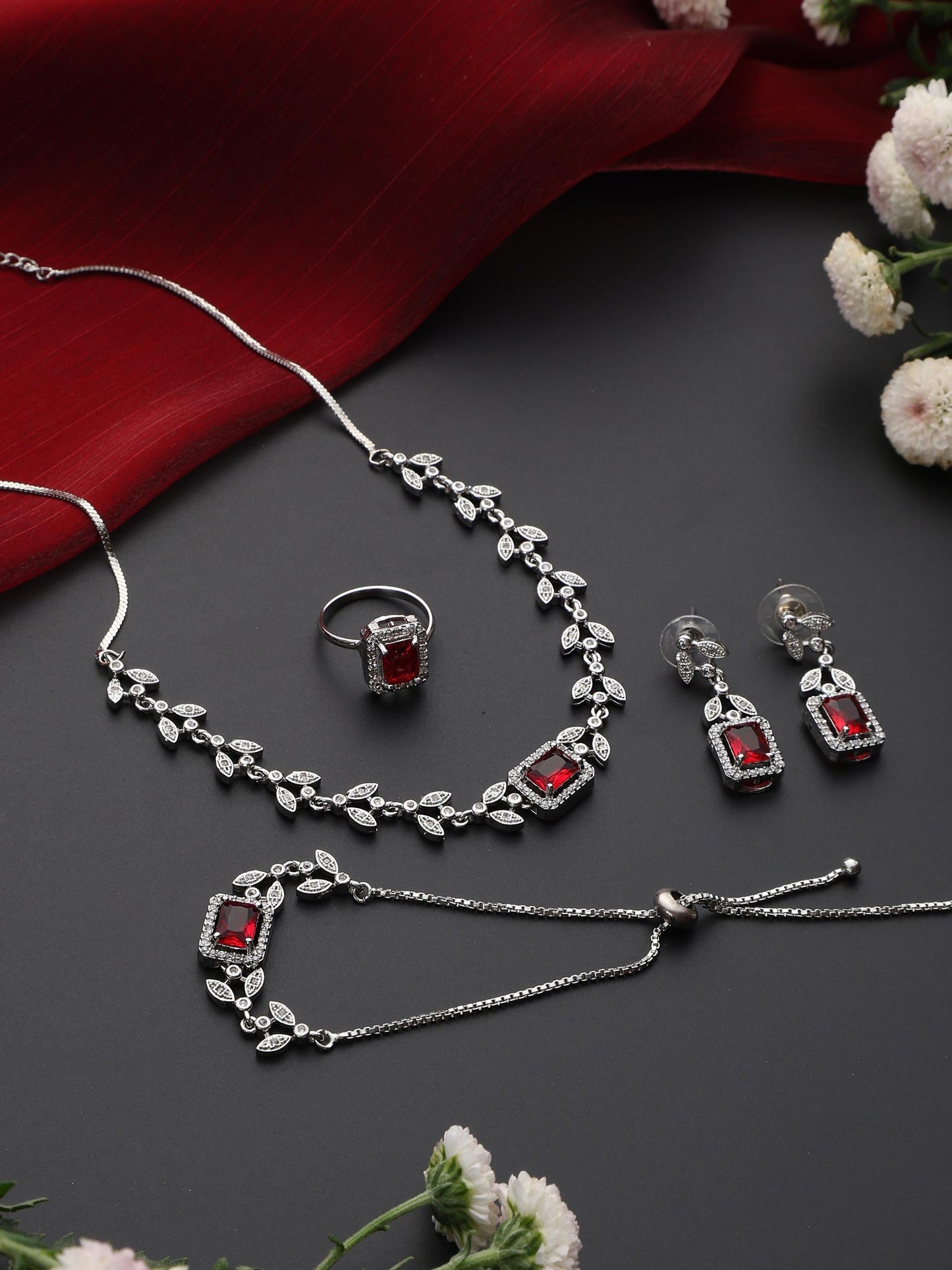 Dhiyona ST SET - Red Petal Diamond Necklace, Earring, Ring, Bracelet