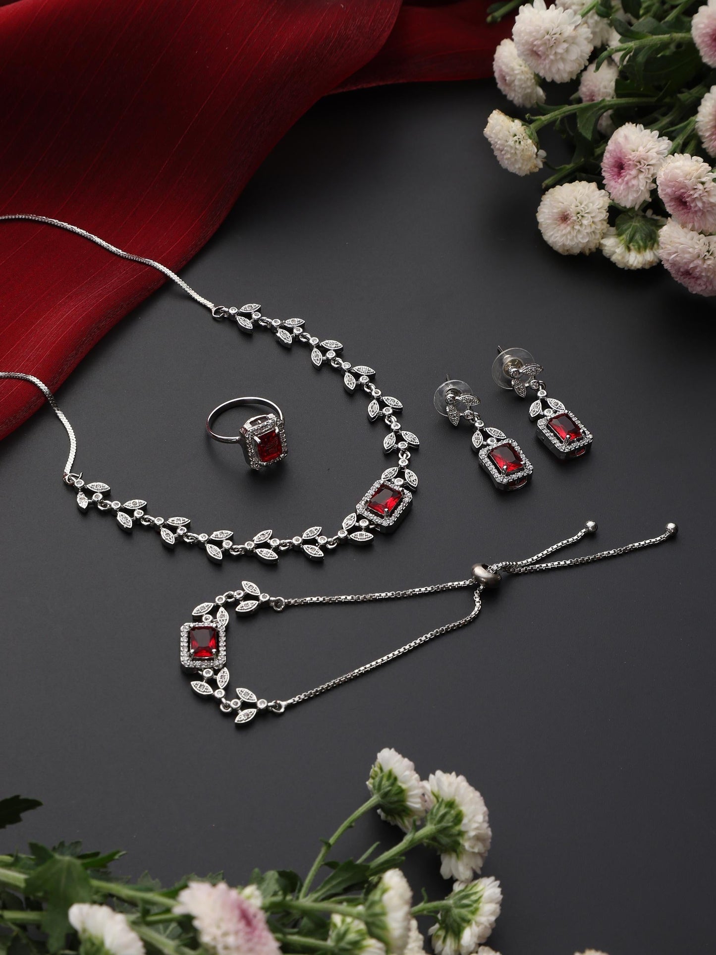 Dhiyona ST SET - Red Petal Diamond Necklace, Earring, Ring, Bracelet