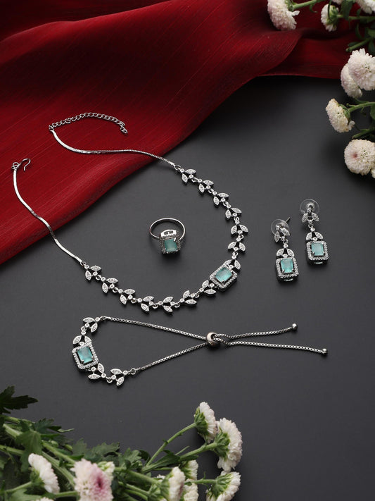 Dhiyona ST SET - Light Blue Petal  Diamond Necklace, Earring, Ring, Bracelet