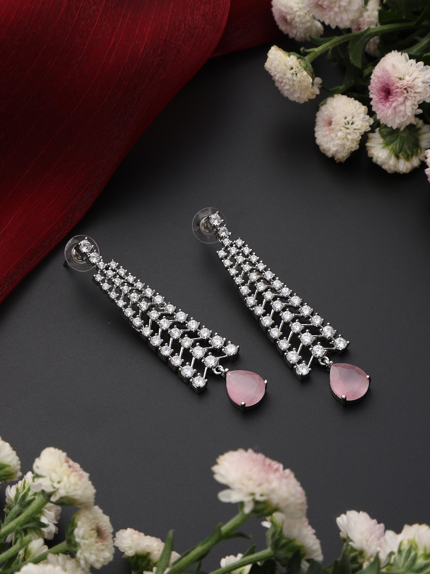 Dhiyona ST Diamond Lines With Pink Drop Earring