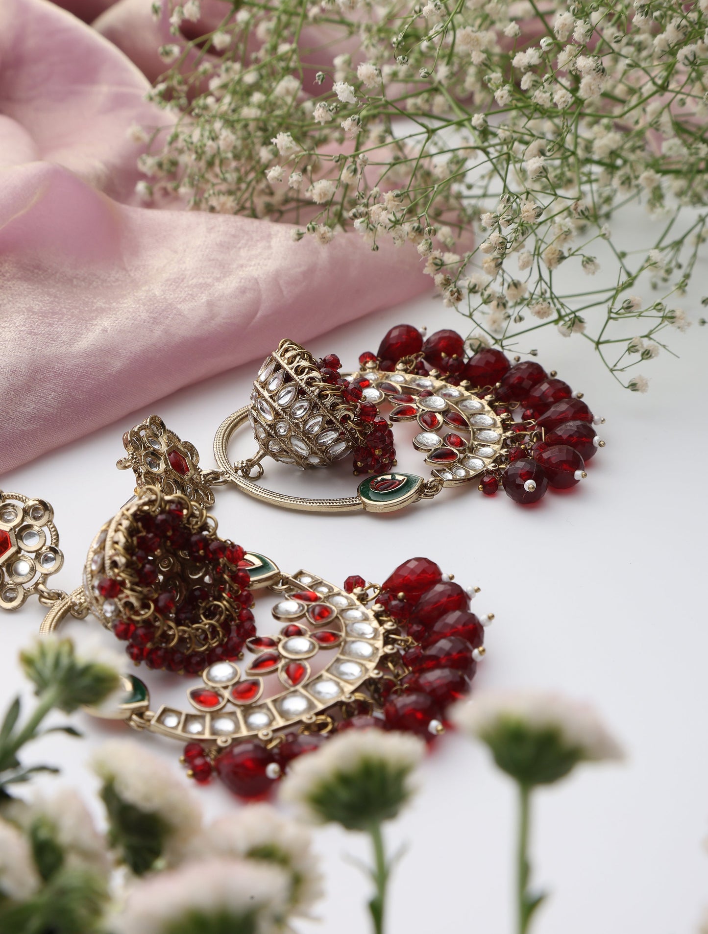 Dhiyona ST Maroon Color Round Kundan Jhumka Earrings