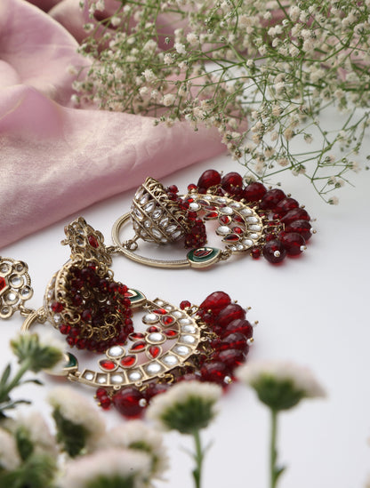 Dhiyona ST Maroon Color Round Kundan Jhumka Earrings