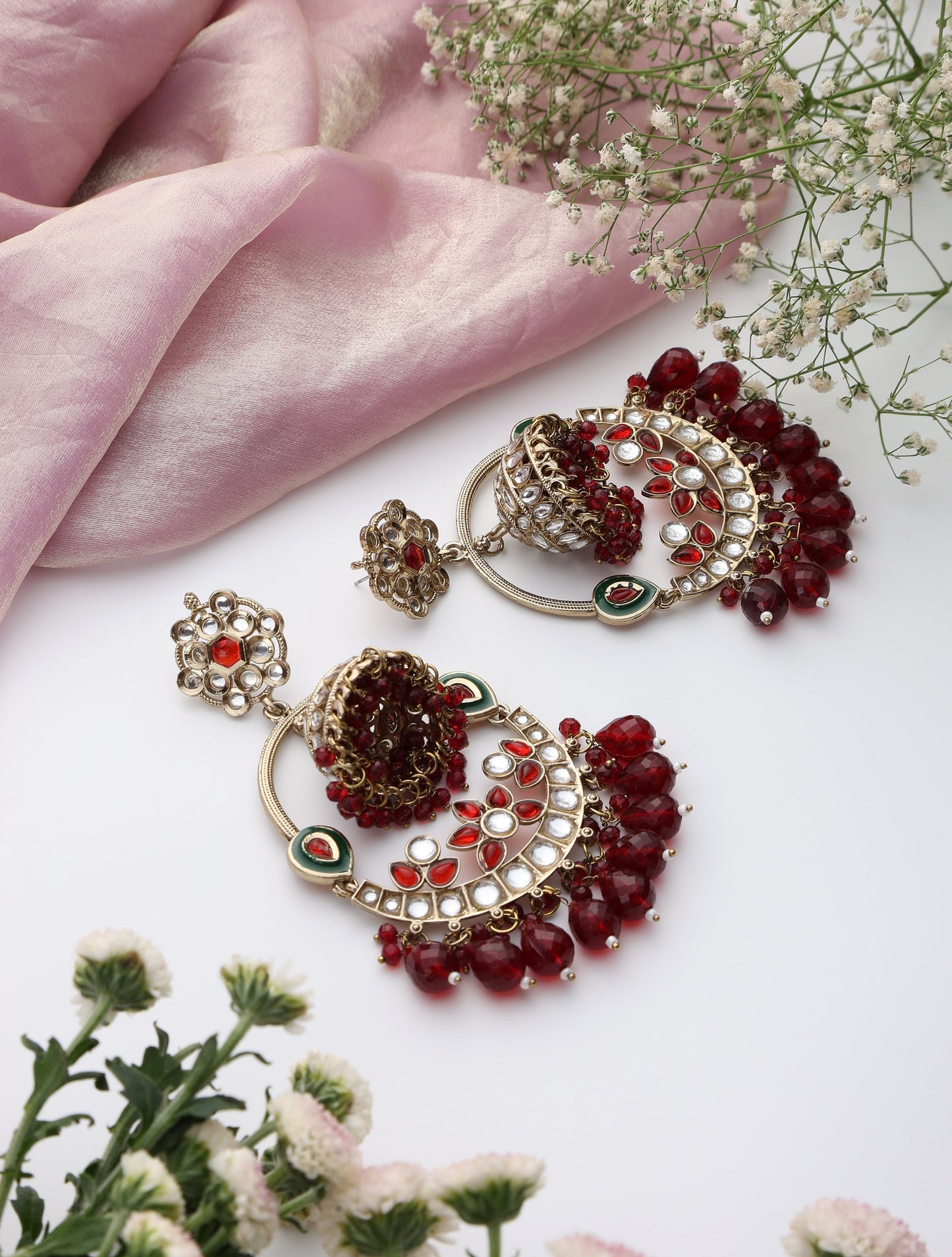 Dhiyona ST Maroon Color Round Kundan Jhumka Earrings