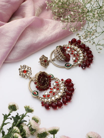 Dhiyona ST Maroon Color Round Kundan Jhumka Earrings