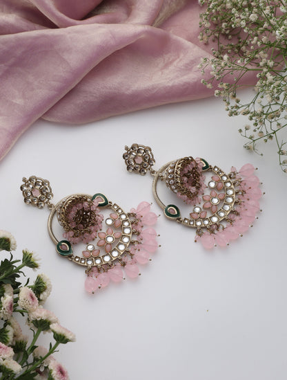 Dhiyona ST Pink Color Round Kundan Jhumka Earrings