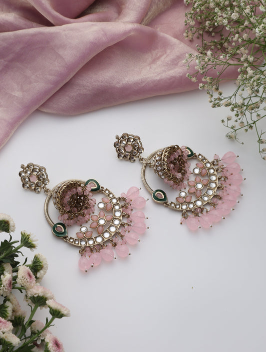 Dhiyona ST Pink Color Round Kundan Jhumka Earrings