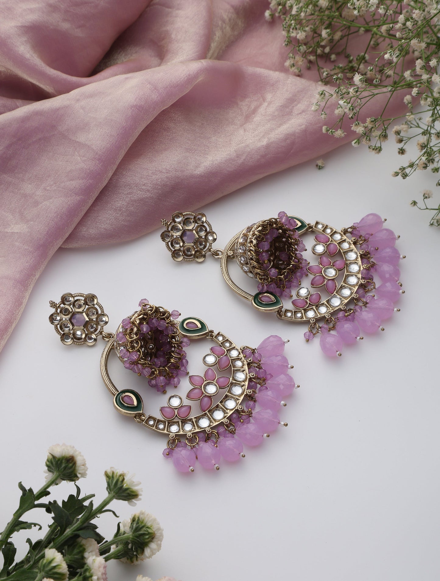 Dhiyona ST Light Purple Round Color Kundan Jhumka Earrings