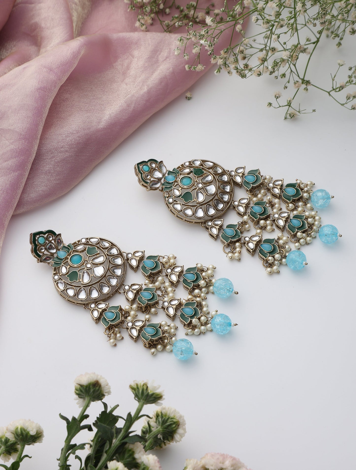 Dhiyona ST Sky Blue Color Kundan Long Earrings