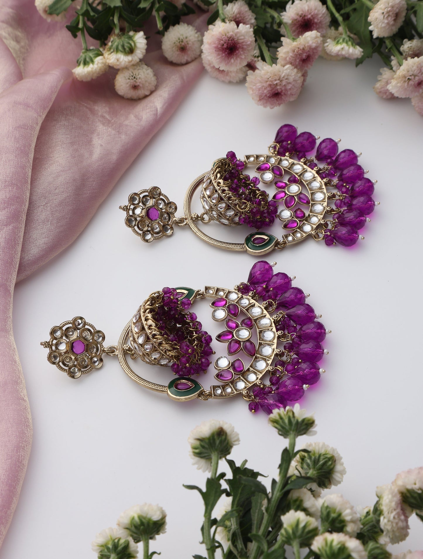Dhiyona ST Purple Color Round Kundan Jhumka Earrings