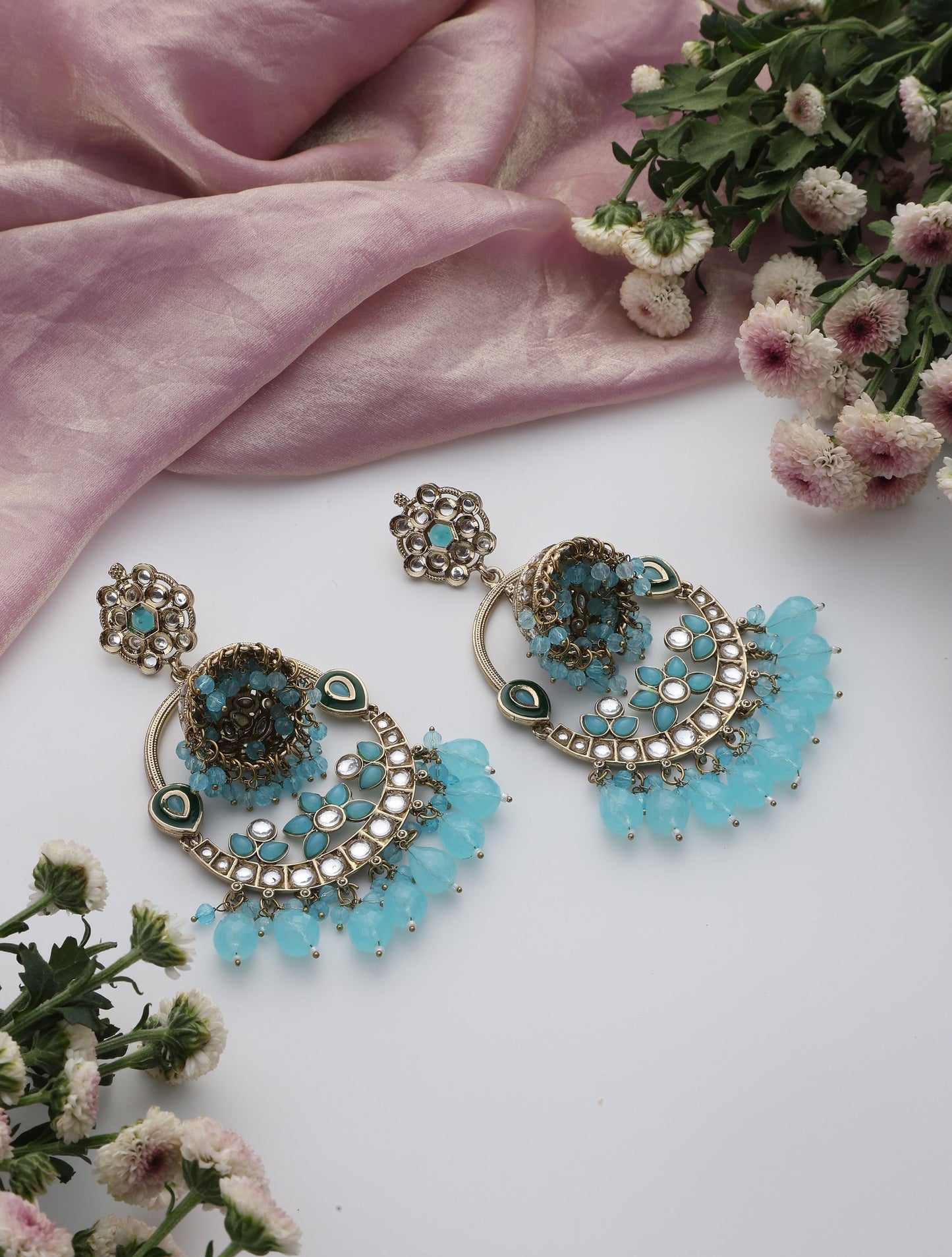 Dhiyona ST Sky Blue Color Round Kundan Jhumka Earrings