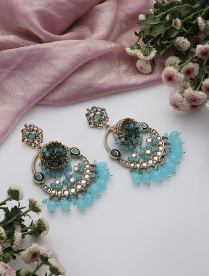 Dhiyona ST Sky Blue Color Round Kundan Jhumka Earrings