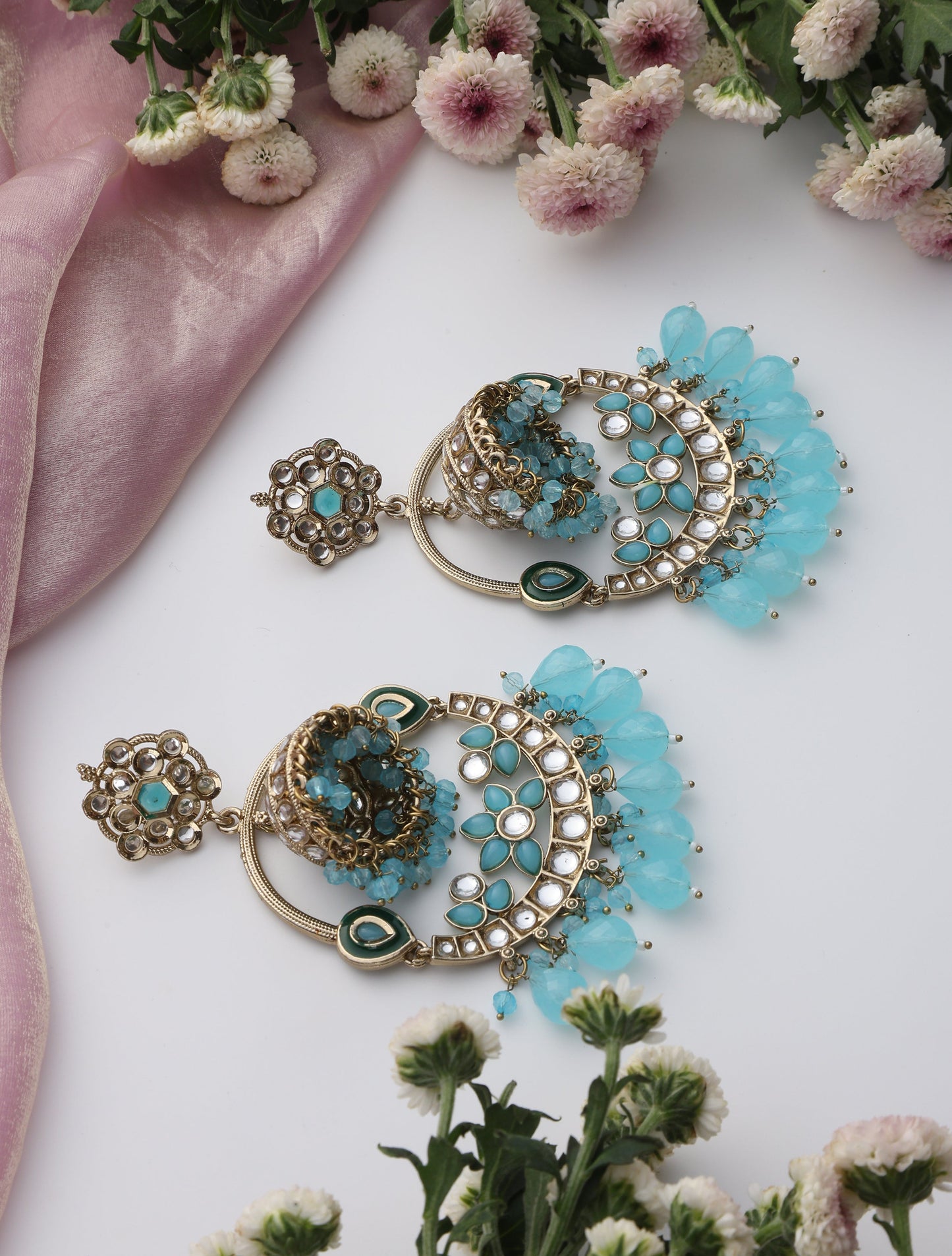 Dhiyona ST Sky Blue Color Round Kundan Jhumka Earrings