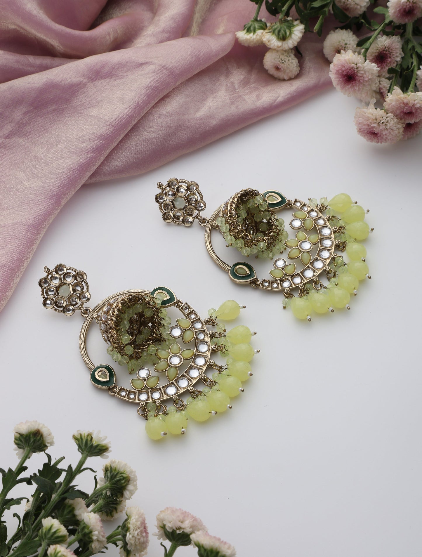 Dhiyona ST Pista Green Round Kundan Jhumka Earrings