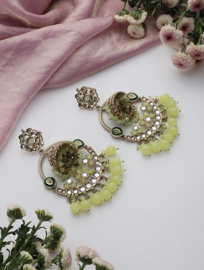 Dhiyona ST Pista Green Round Kundan Jhumka Earrings