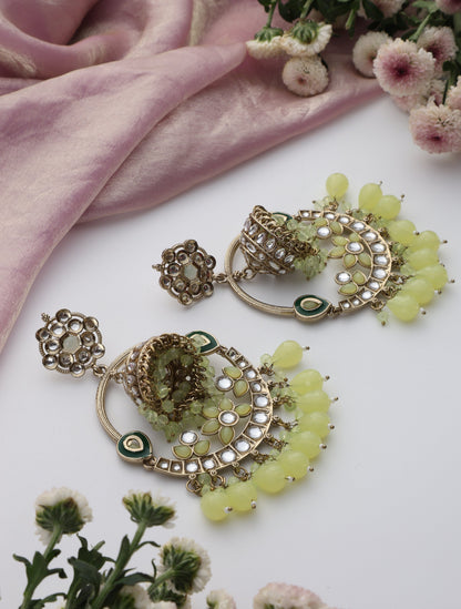 Dhiyona ST Pista Green Round Kundan Jhumka Earrings