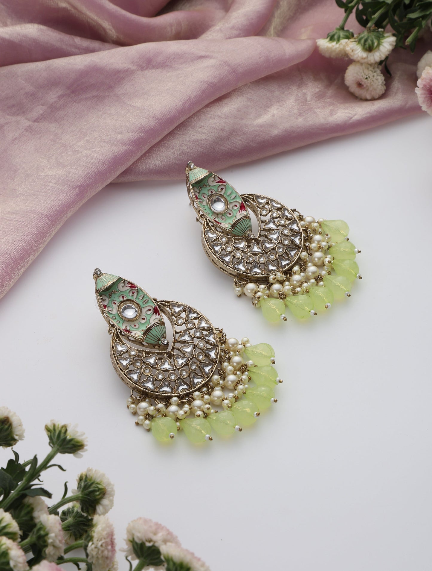 Dhiyona ST Pista Green Color Meenakari Kundan Earrings