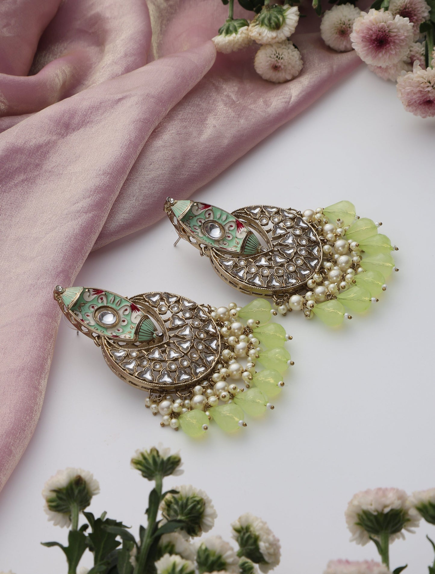 Dhiyona ST Pista Green Color Meenakari Kundan Earrings