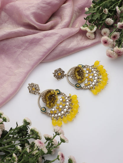 Dhiyona ST Yellow Color Round Kundan Jhumka Earrings