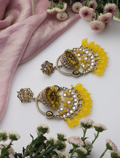 Dhiyona ST Yellow Color Round Kundan Jhumka Earrings