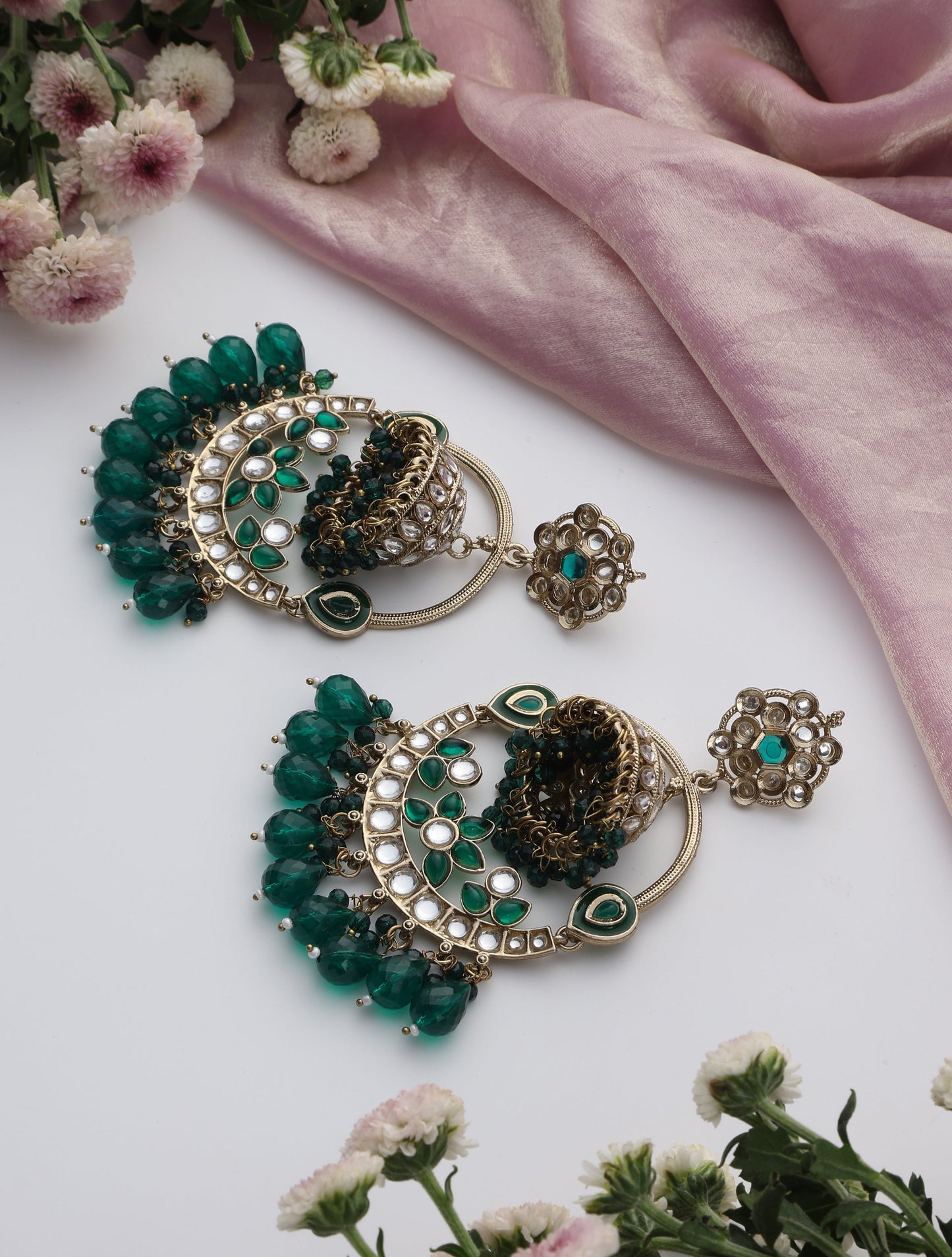 Dhiyona ST Green Round Color Kundan Jhumka Earrings