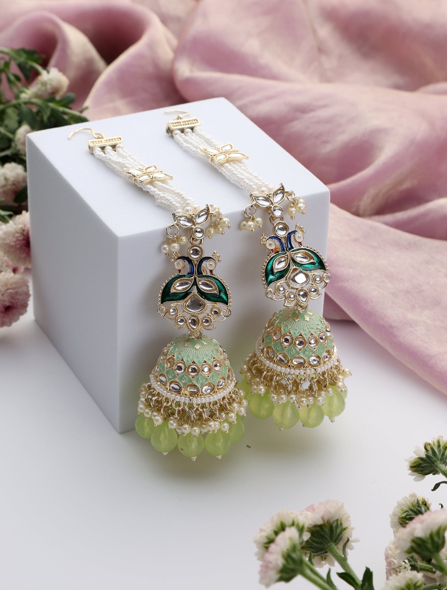 Dhiyona ST Pista Green Color Meenakari Kundan Jhumka