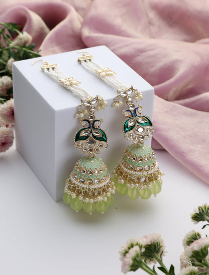 Dhiyona ST Pista Green Color Meenakari Kundan Jhumka