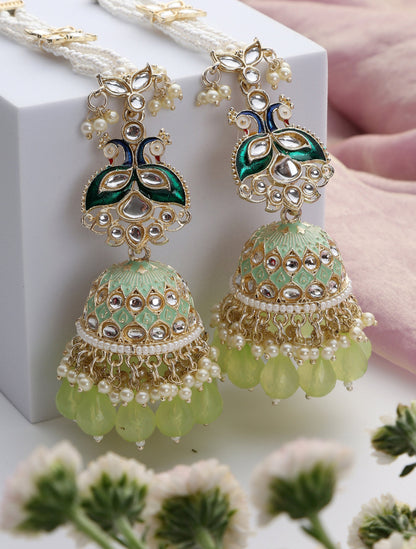 Dhiyona ST Pista Green Color Meenakari Kundan Jhumka