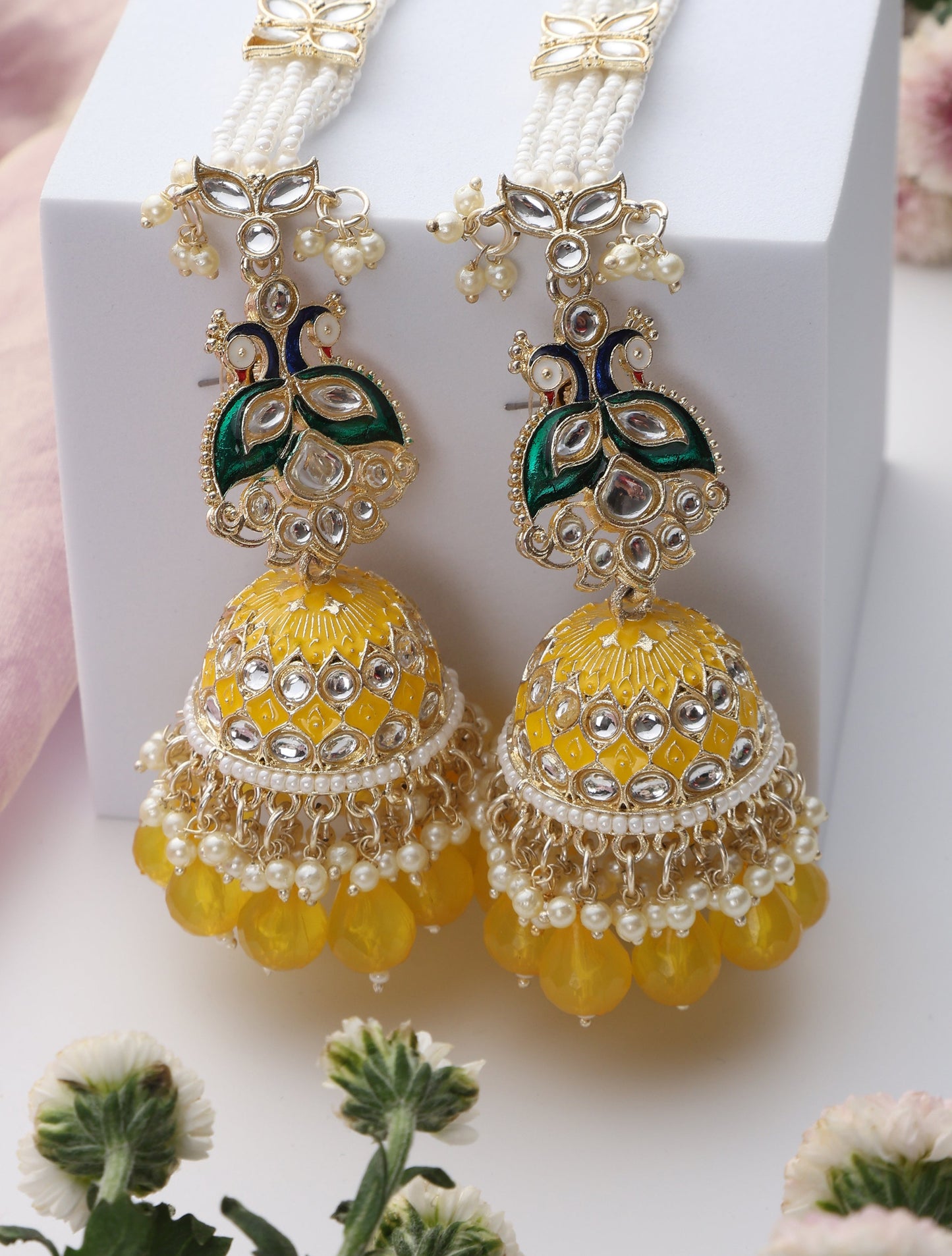 Dhiyona ST Yellow Color Meenakari Kundan Earrings