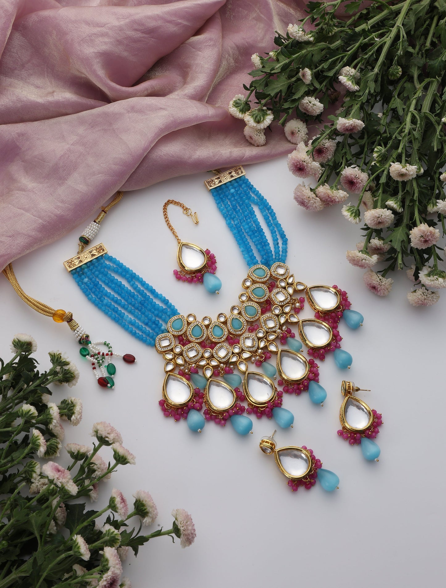 Dhiyona ST Firozi Color Back Side Meena Work Kundan Necklace, Earring and Maang Teeka Set