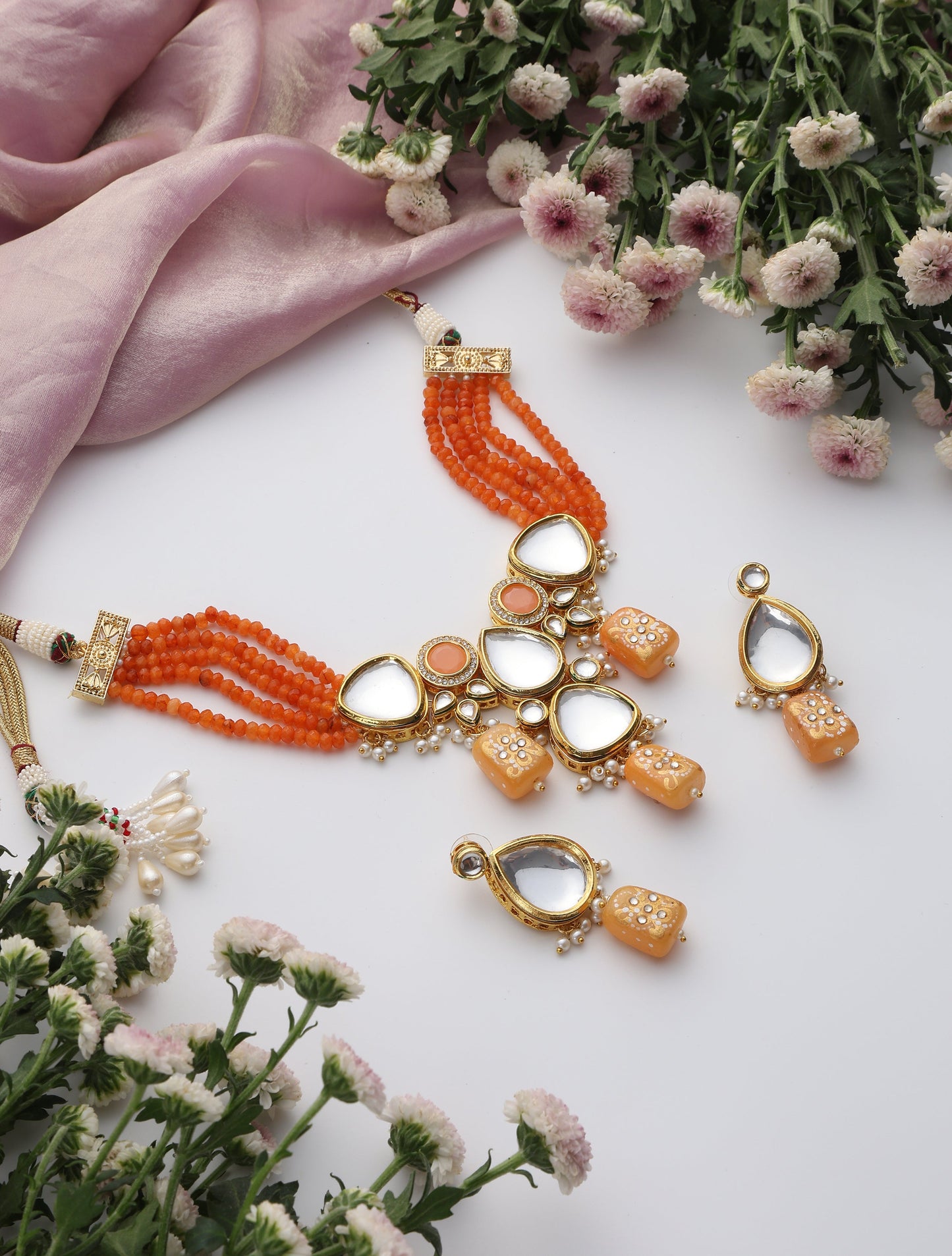 Dhiyona ST Orange Color Kundan Meena Necklace & Earring Set