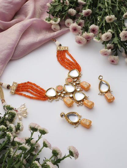 Dhiyona ST Orange Color Kundan Meena Necklace & Earring Set